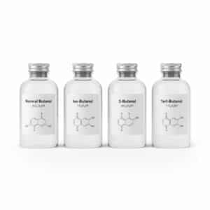 Four laboratory glass bottles containing Normal Butanol, Iso-Butanol, 2-Butanol, and Tert-Butanol with accurate chemical labels and molecular structures, on white background