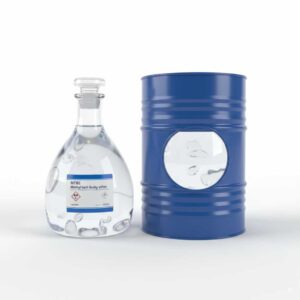Industrial MTBE in a glass bottle, colorless, white background