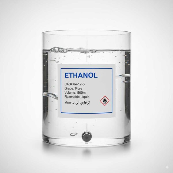 Industrial ethanol in a glass bottle, colorless, white background