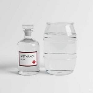 Industrial methanol in a glass bottle, colorless, white background