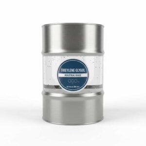 Triethylene Glycol clear liquid in industrial drum with white background and soft shadow