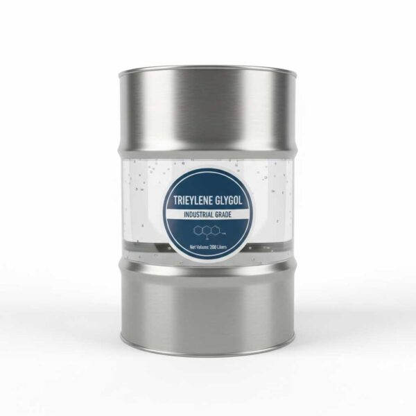 Triethylene Glycol clear liquid in industrial drum with white background and soft shadow