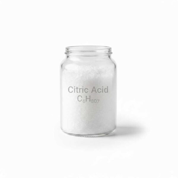 White powdered citric acid in a glass container