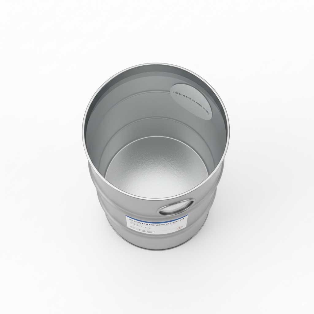 Top view of Diethylene Glycol (DEG) in industrial drum, clear liquid, realistic texture