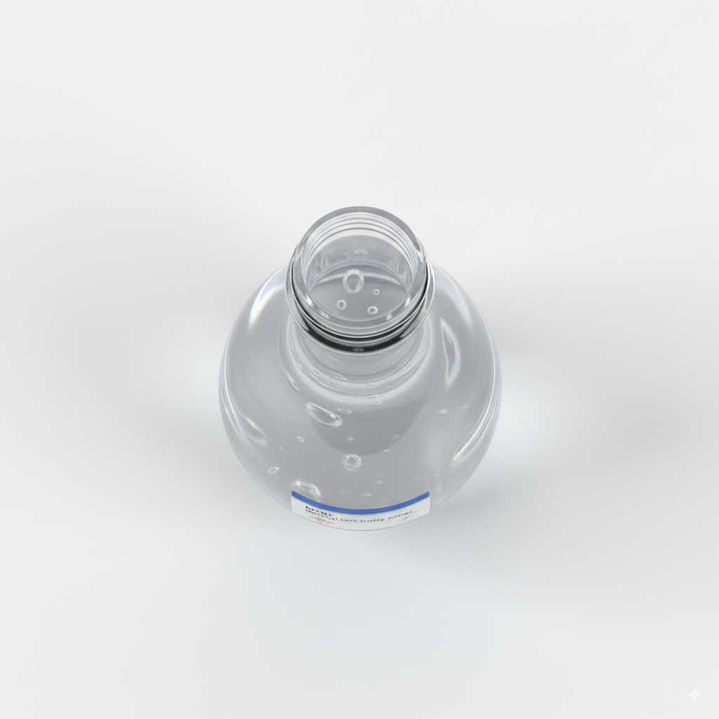 Top view of MTBE in transparent bottle, real liquid color
