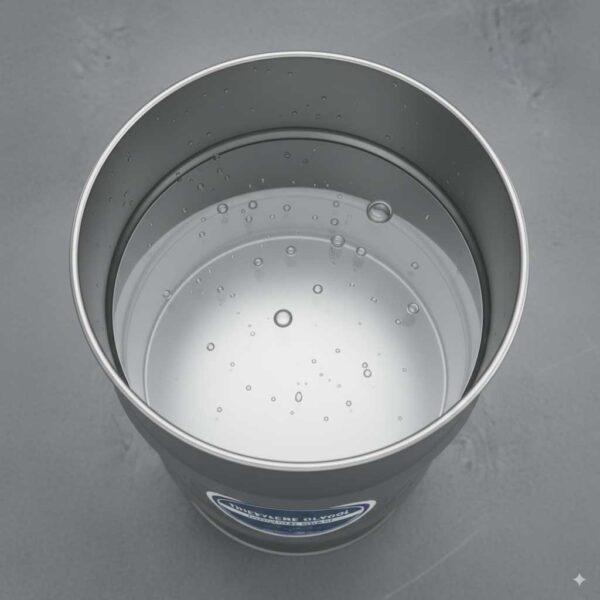 Top view of Triethylene Glycol drum with clear liquid and realistic color