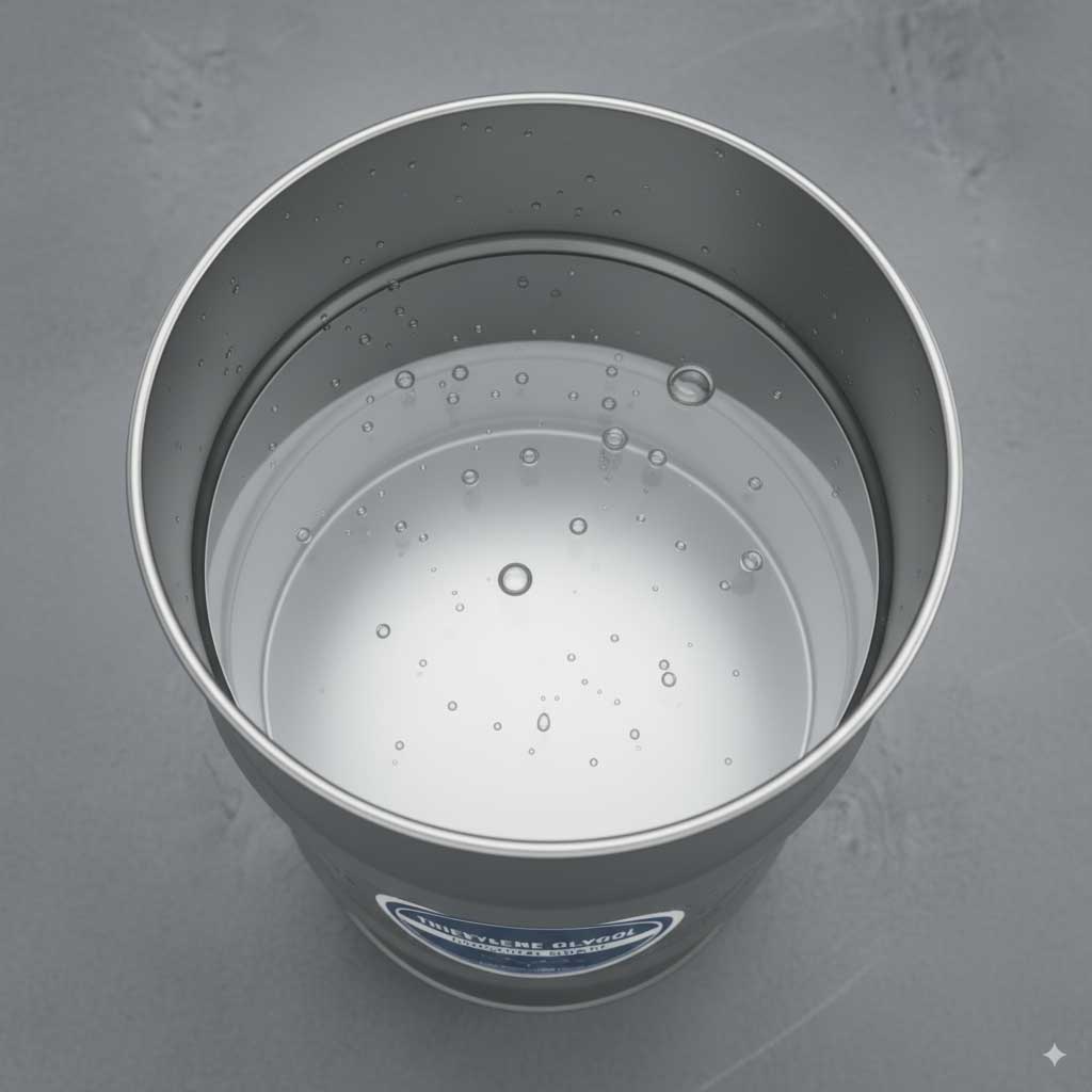 Top view of Triethylene Glycol drum with clear liquid and realistic color