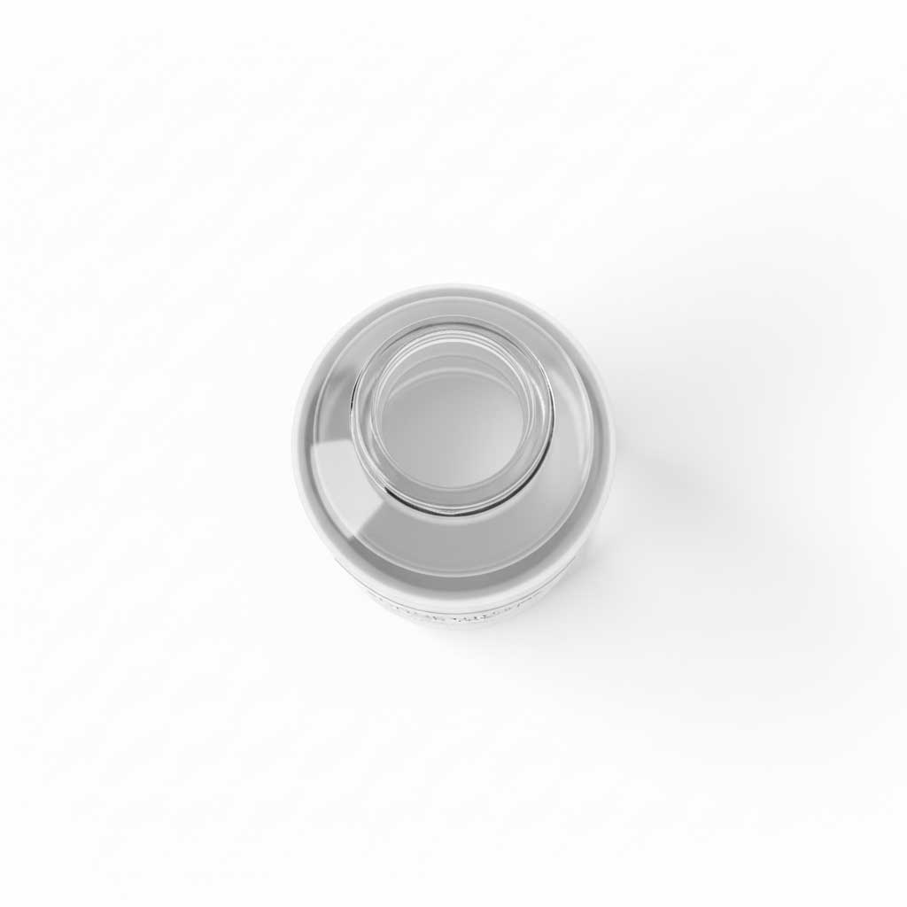 Top view of a clear Monoethylene Glycol (MEG) bottle, showing liquid level and transparency