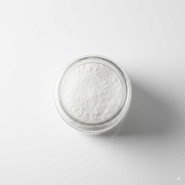 Top view of a glass container containing white sodium carbonate