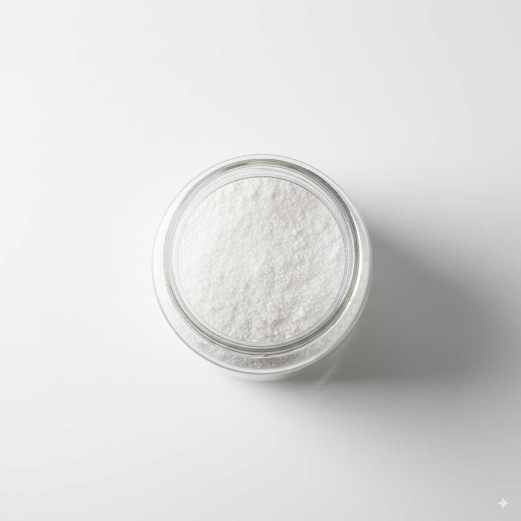 Top view of a glass container containing white sodium carbonate