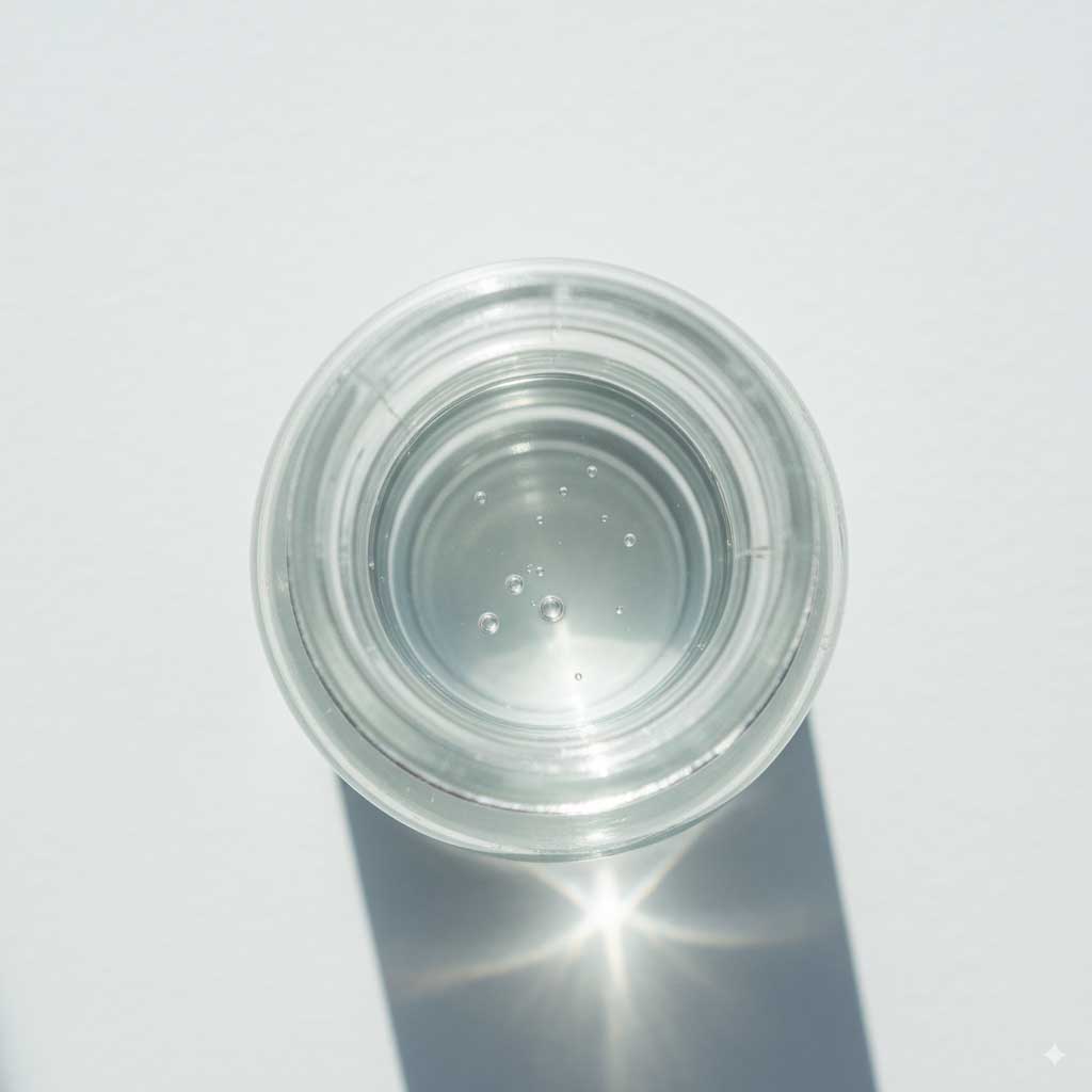 Top view of ethanol in transparent bottle, real liquid color