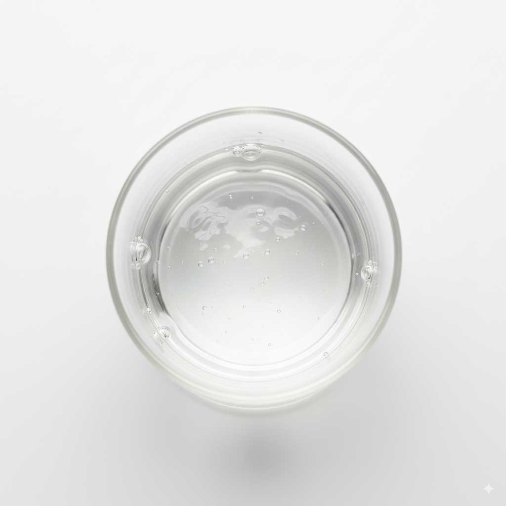 Top view of glycerin in a laboratory glass beaker, clear viscous liquid with light reflection on a white background