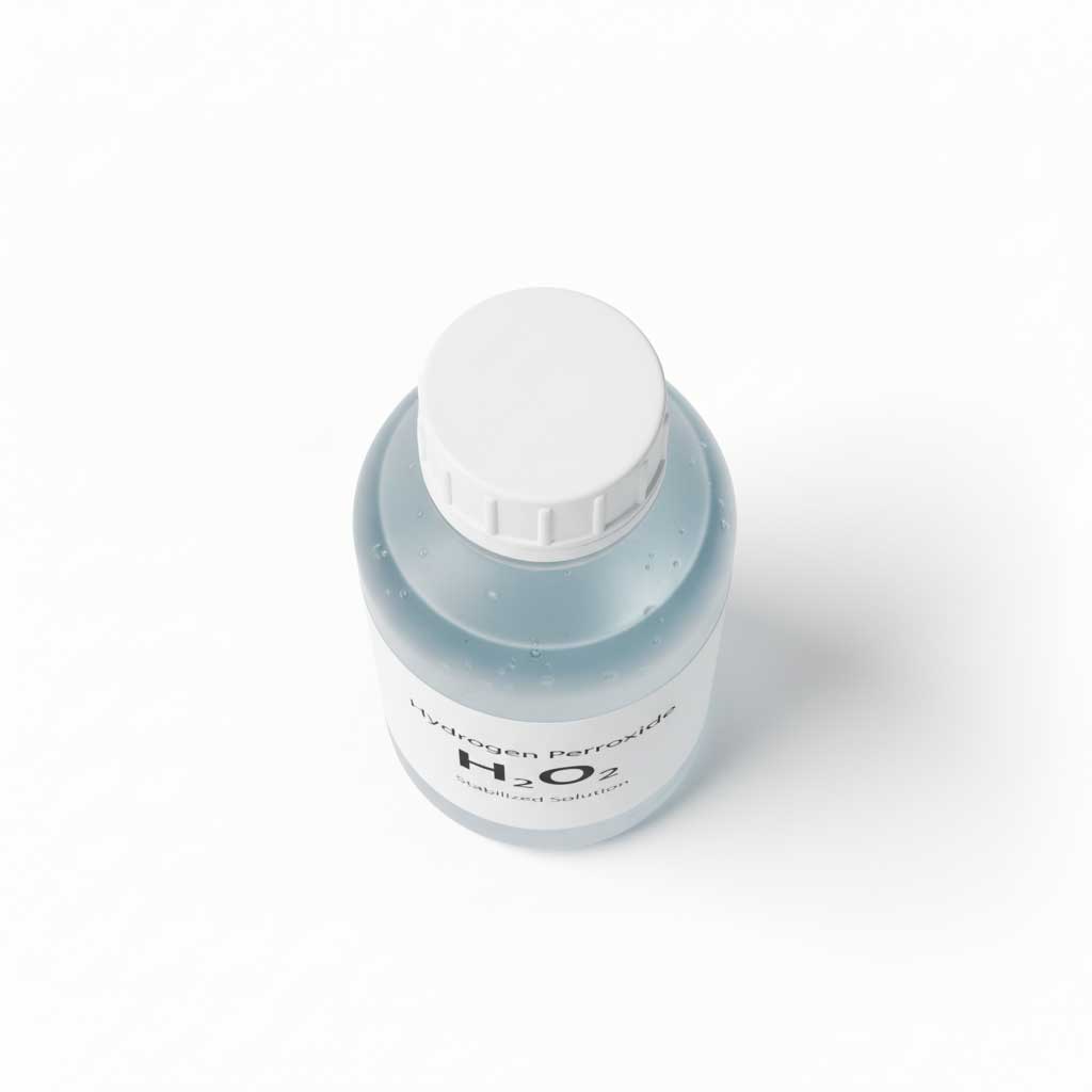 Top view of hydrogen peroxide bottle showing Hydrogen Peroxide H₂O₂ label