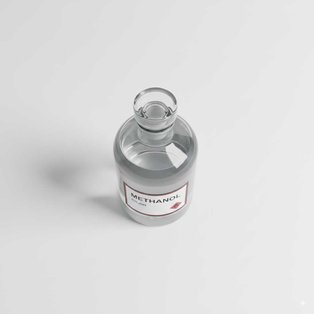 Top view of methanol in transparent bottle, real liquid color
