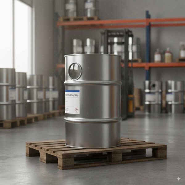 Side view of 200L drum of Diethylene Glycol (DEG), clear and colorless liquid, realistic details