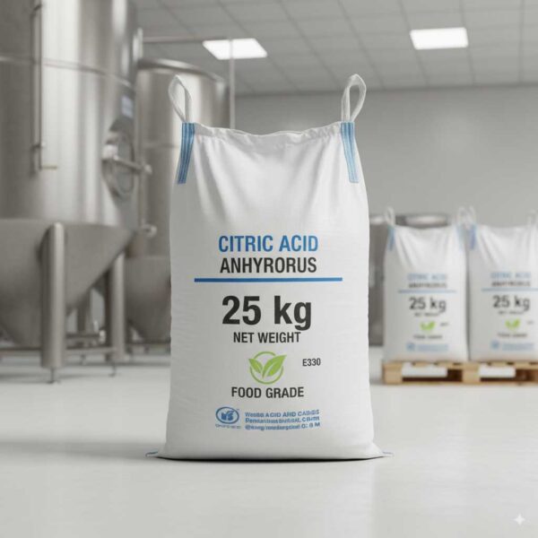 Side view of 25 kg citric acid bag packaging
