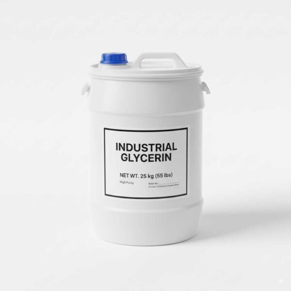 Side view of 25 kg industrial plastic drum filled with transparent glycerin on a white background with studio lighting
