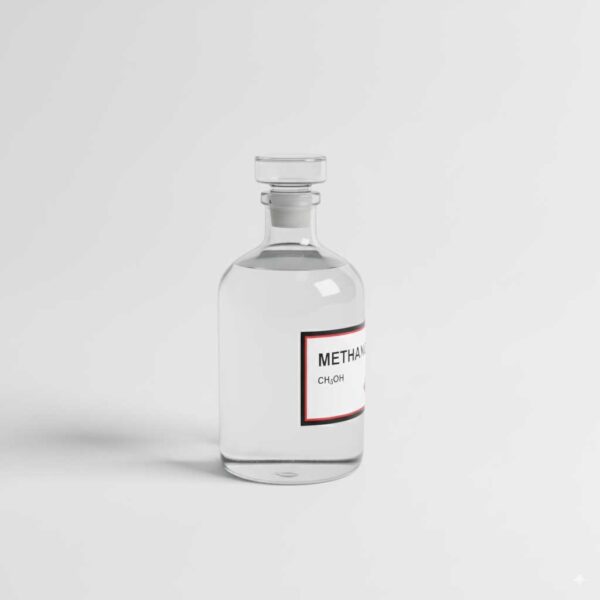 Side view of methanol bottle with label details