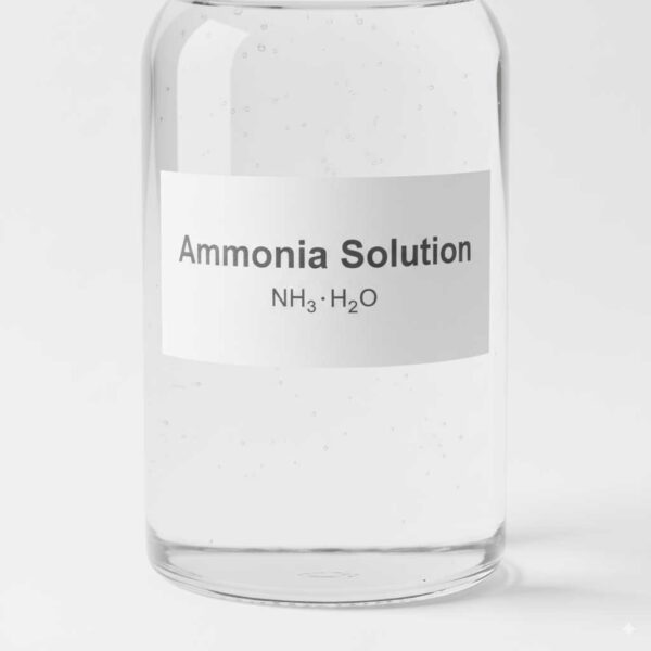 Close-up of aqueous ammonia liquid with labeled container