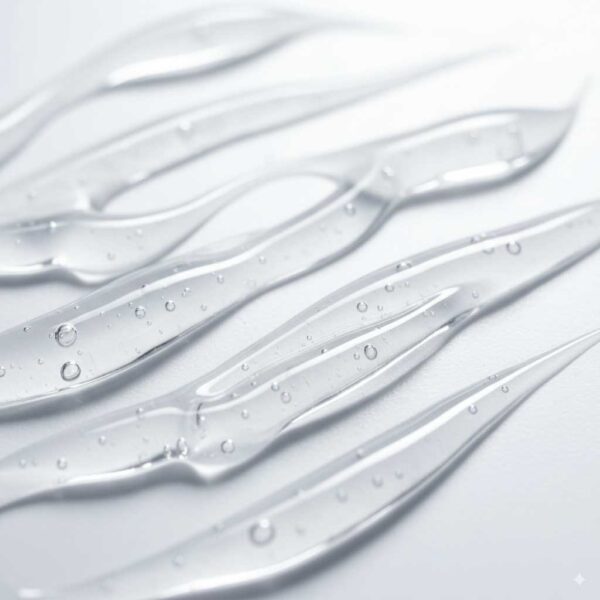 Close-up of clear and viscous glycerin showing texture and light reflection on a white background