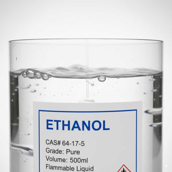 Close-up of ethanol liquid surface and label details