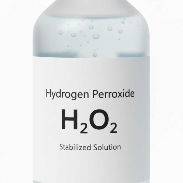 Close-up of hydrogen peroxide liquid with labeled container
