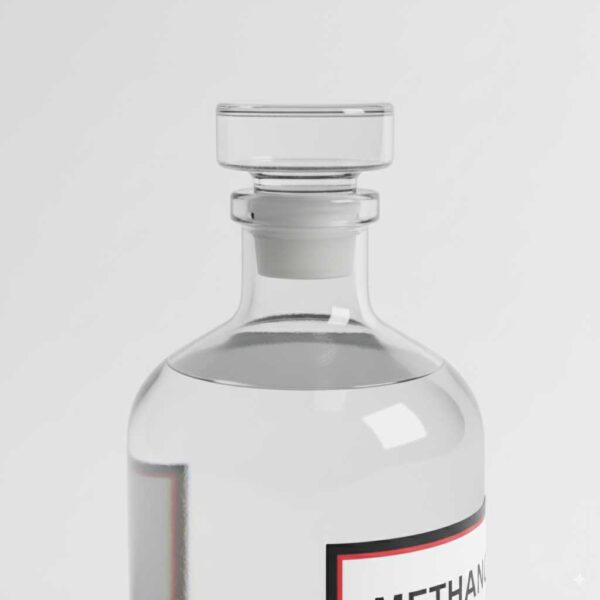 Close-up of methanol liquid surface and label details