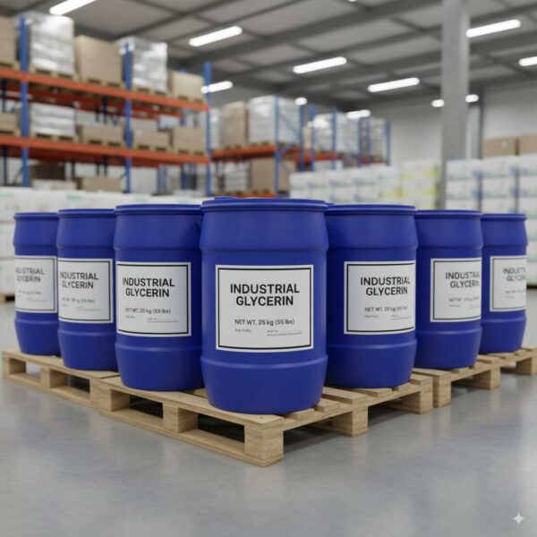 Blue industrial drums filled with glycerin in a warehouse environment with natural lighting – realistic industrial packaging photo