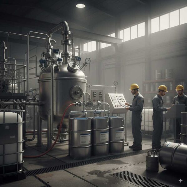 Diethylene Glycol (DEG) in an industrial chemical environment, drums and equipment, realistic lighting