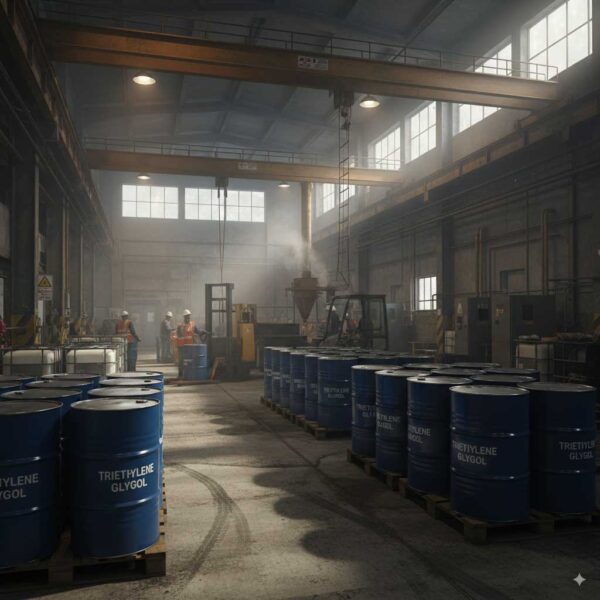 Industrial setting with multiple Triethylene Glycol drums, realistic lighting and environment