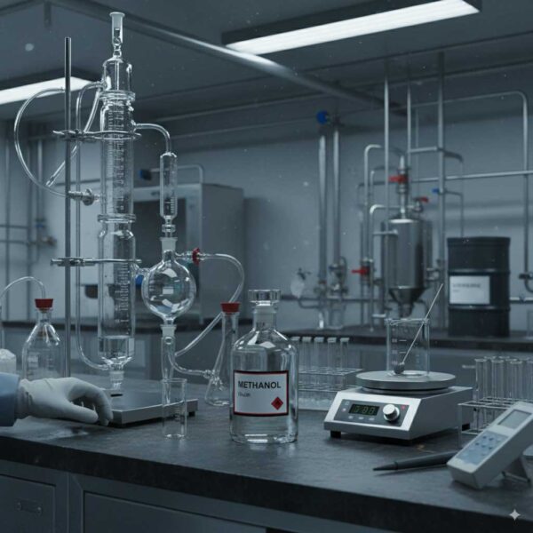 Methanol in industrial lab environment, with visible equipment