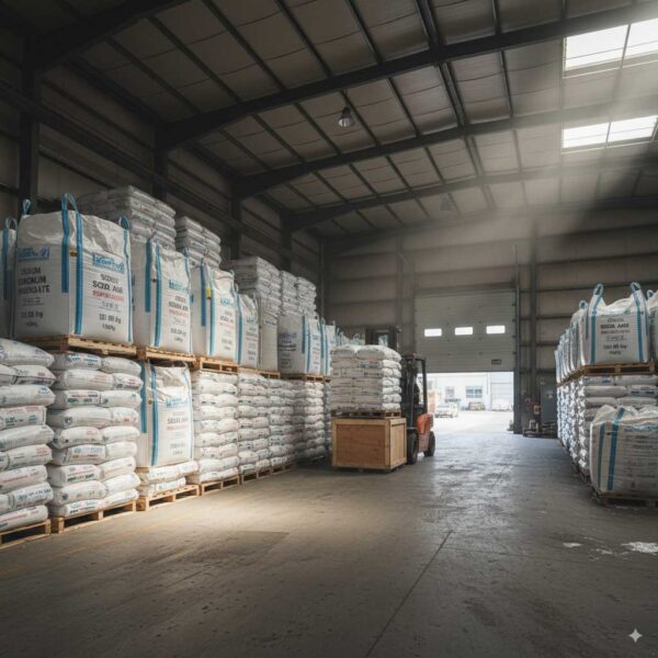Sodium carbonate packaging bags in an industrial warehouse