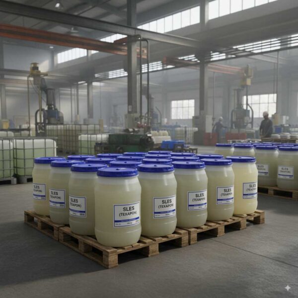 Taxapon-Liquid-(SLES)-Barrels-In-Industrial-Environment,-On-Pallet-In-Factory,-Natural-Light,-Real-And-Professional