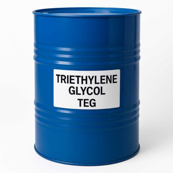 Triethylene Glycol clear liquid in industrial drum with white background and soft shadow