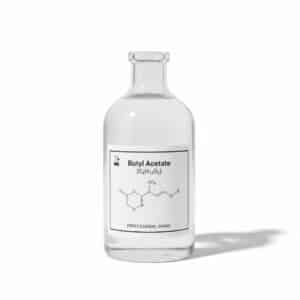 Butyl Acetate (C6H12O2) in a glass container with printed label – Industrial solvent