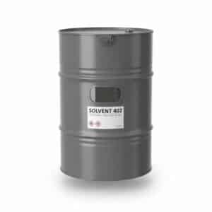 Industrial drum of Solvent 402 with colorless liquid and chemical label