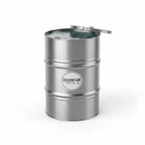 Industrial drum of Solvent 406 with colorless liquid and chemical label