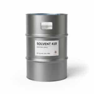 Industrial drum of Solvent 410 with colorless liquid and chemical label