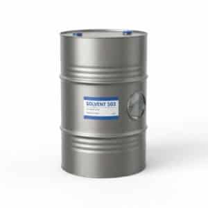 Industrial drum of Solvent 503 with colorless liquid and chemical label