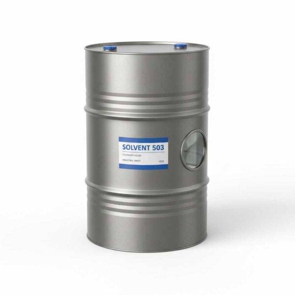 Industrial drum of Solvent 503 with colorless liquid and chemical label