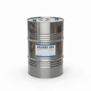 Industrial drum of Solvent 504 with colorless liquid and chemical label