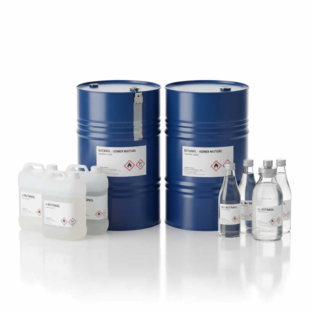Industrial drum of butanols with colorless or slightly colored liquid and chemical label