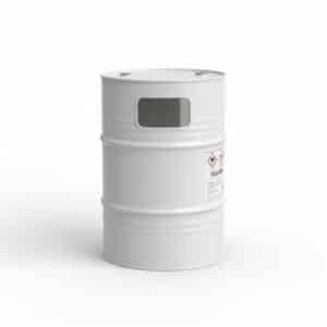 Industrial drum of toluene with colorless liquid and chemical label