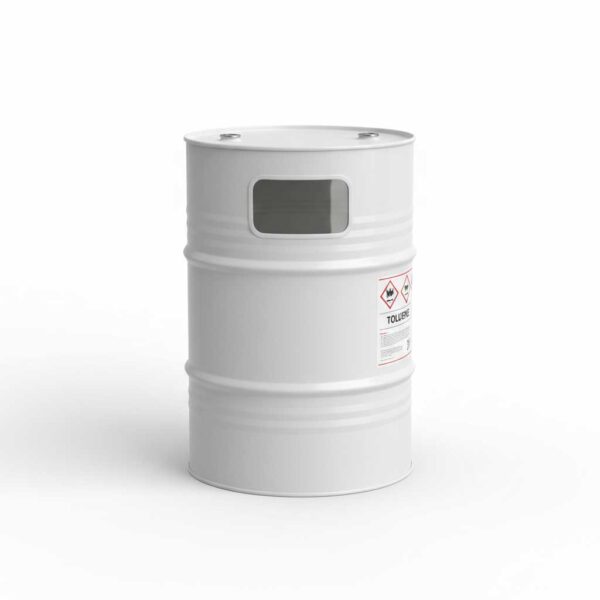 Industrial drum of toluene with colorless liquid and chemical label