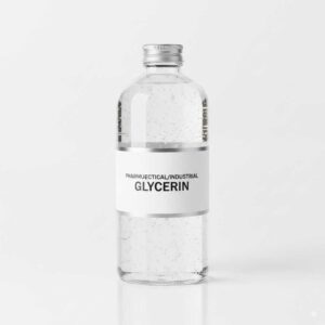Transparent glycerin in a laboratory glass container on a white background with soft shadow – realistic product photo for buying glycerin
