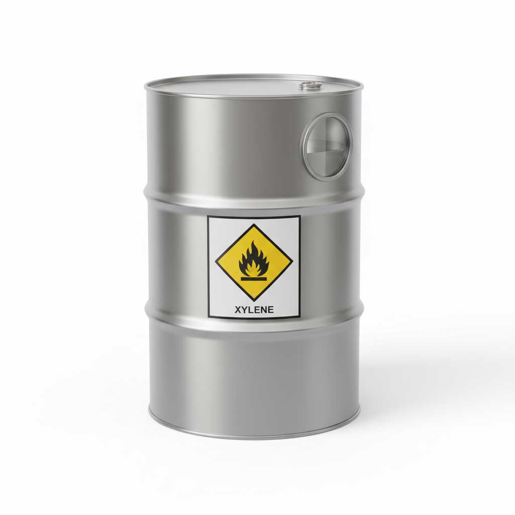 Industrial drum of xylene with colorless liquid and chemical label