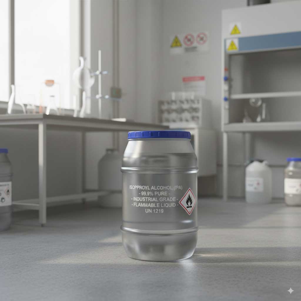Bottle or drum of IPA in industrial or lab environment with natural light
