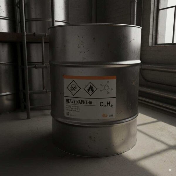 Realistic Heavy Naphtha sample in glass container and industrial drum on white background