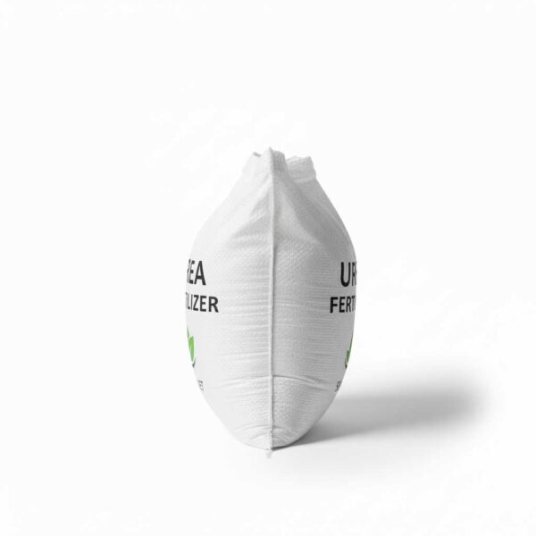 Side view of 50 kg Urea 46% bag with granules