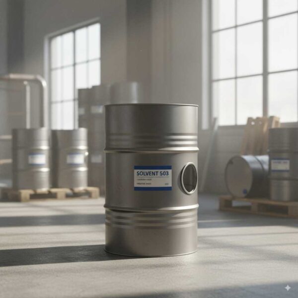 Solvent 503 drum in industrial environment with natural light